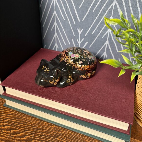 Vintage Satsuma Cat Figurine Black and Gold Ceramic Cat for Decor - Picture 1 of 16